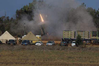 Rockets fired from Gaza are neutralized in the air by Israel's 'Iron Dome' air defense system on the fourth day of the clashes in the city of Ashkelon, Israel on October 10, 2023. 