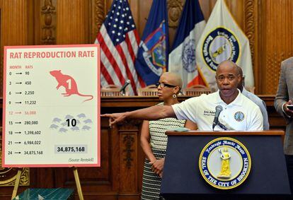 Eric Adams, then Brooklyn Borough President, announcing the results of a pilot program against rats in September 2019.