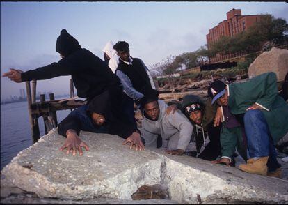 Members of the Wu-Tang Clan collective pose in Staten Island, New York, in 1993.