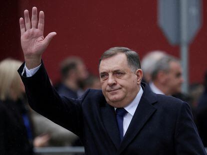 Bosnia's Serb Republic President Milorad Dodik waves as he attends his region's national holiday, banned by the constitutional court, in East Sarajevo, Bosnia, January 9, 2023.