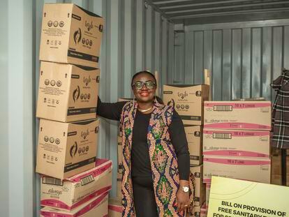 Kenyan senator and period poverty activist Gloria Orwoba, pictured on August 31 at her pad donation center in Nairobi.