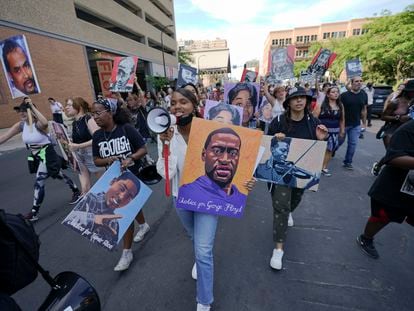 Protesters march after former Minneapolis police officer Derek Chauvin was sentenced to 22.5 years in prison for the murder of George Floyd, on June 25, 2021.