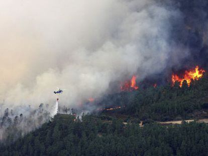 Un helicóptero realiza una descarga sobre el incendio forestal declarado en Acebo.