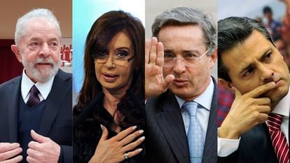 Left to right: former presidents Lula Da Silva (Brazil), Cristina Fernández de Kirchner (Argentina), Álvaro Uribe (Colombia) and Enrique Peña Nieto (Mexico).