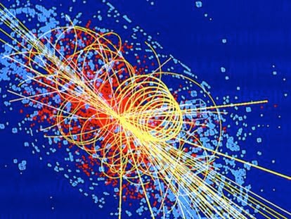 A computer simulation of a proton collision that generates a Higgs boson at the CERN Large Hadron Collider near Geneva.