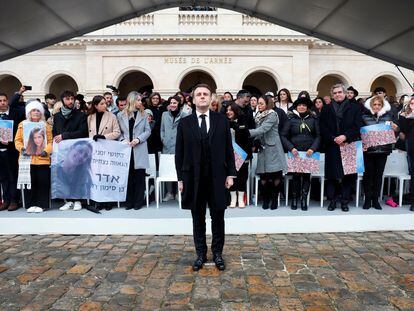 French President Emmanuel Macron arrives to attend a ceremony to pay tribute to the 42 French citizens killed and to all the victims of the Hamas assault on Israel last October 7, in the courtyard of the Hotel des Invalides in Paris, France, February 7, 2024.