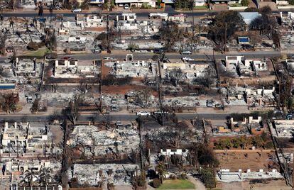 In an aerial view, homes and businesses are seen that were destroyed by a wildfire on August 11, 2023 in Lahaina, Hawaii.