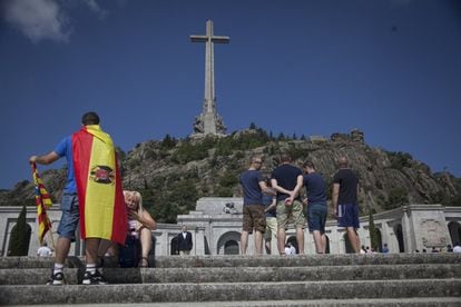 Demonstrators gathered at the Valley of the Fallen to protest the government’s plans to exhume the remains of dictator Francisco Franco from the controversial monument north of Madrid.