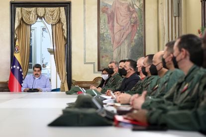 Venezuelan President Nicolás Maduro during a meeting with members of his Cabinet and military commanders in Caracas on Monday.