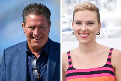 This combo photo shows NFL legend Dan Marino, left, and actress Scarlett Johansson, right. Johansson and Marino will star in the Super Bowl commercial that will focus on M&Ms candy being the comfort fun food while watching the big game.