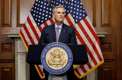 The ousted Republican House Speaker, Kevin McCarthy, appears before the press on Tuesday at the U.S. Capitol.