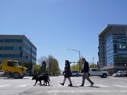 Maureen Reid, left, and her guide dog, Gaston, cross the intersection of Wood Street and Roosevelt Avenue, relying on an audible signal for the blind, on April 26, 2023, in Chicago.