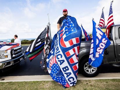 Trump supporters prepare for a rally ahead of Super Tuesday in Rancho Palos Verdes, California, on March 3, 2024.