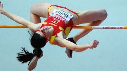 Ruth Beitia of Spain on her way to gold in the women&#039;s high jump in Gothenburg. 