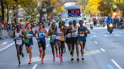 Elite runners make their way up 1st Avenue in Manhattan during the 2019 New York City Marathon. 