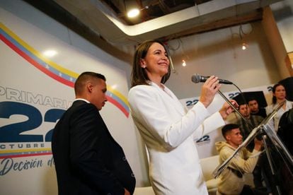 Venezuelan opposition leader Maria Corina Machado holds a press conference following her victory in the October 22 opposition's primary election, in Caracas, Venezuela, Oct. 26, 2023.