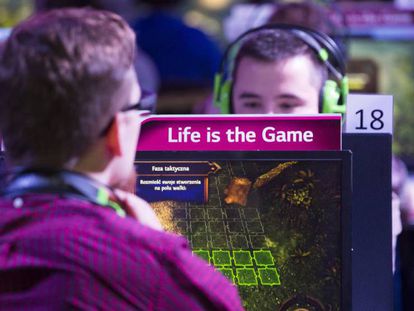 Young people in a video game fair in Warsaw, Poland.
