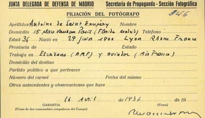 Press card used by French writer and aviator Antoine de Saint-Exupéry during the Spanish Civil War.
