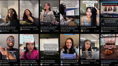 A collage of videos on TikTok with the hashtag #lazygirljobs.