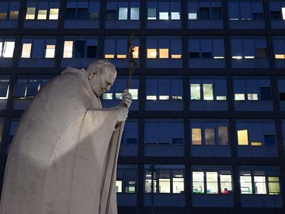 A statue of late Pope St. John Paul II in front of the Agostino Gemelli hospital in Rome, Italy, 29 March 2023.