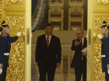 Chinese President Xi Jinping and his Russian counterpart, Vladimir Putin, on March 21 at the Kremlin Palace in Moscow.