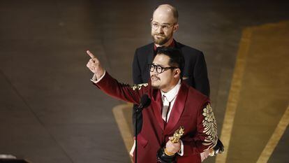 Daniel Scheinert and Daniel Kwan (R) after winning the Oscar for Best Original Screenplay for 'Everything Everywhere All at Once'.
