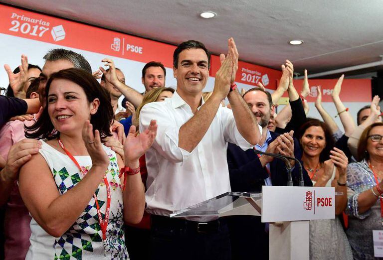 Pedro Sánchez celebrating his victory on Sunday.