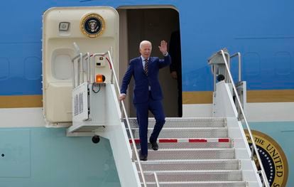 President Joe Biden exits Air Force One after landing at Roland R. Wright Air National Guard Base, Wednesday, Aug. 9, 2023, in Salt Lake City
