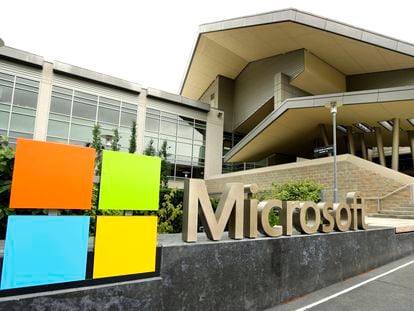 In this July 3, 2014, file photo, the Microsoft Corp. logo is displayed outside the Microsoft Visitor Center in Redmond, Washington