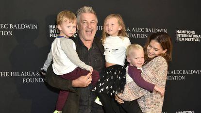 Alec Baldwin with his wife Hilaria and three of their six children at the 2021 Hamptons International Film Festival.