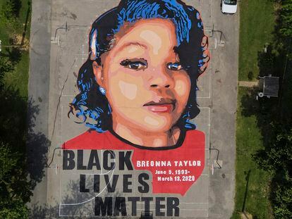 A ground mural depicting a portrait of Breonna Taylor is seen at Chambers Park in Annapolis, Maryland, on July 6, 2020.
