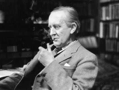 J.R.R. Tolkien in December 1955, in his study at Merton College, Oxford.