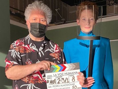 Pedro Almodóvar and Tilda Swinton while working together on the short drama 'The Human Voice.'