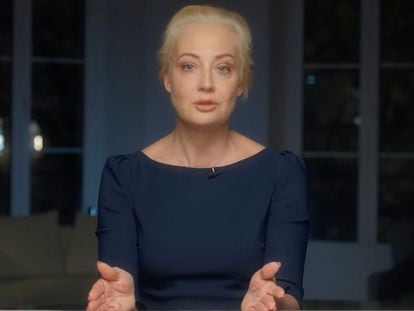 In this image taken from video released by Navalny Team on Monday, Feb. 19, 2024, Yulia Navalnaya, widow of Russian opposition leader Alexei Navalny gives a video message.