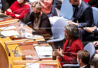 The US Ambassador to the UN Linda Thomas-Greenfield (right) addresses a UN Security Council meeting related to Russia's ongoing invasion of Ukraine on March 11. 