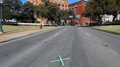 X' marks the spot along Elm Street, which is the site where President John F. Kennedy was assassinated on November 22, 1963 in Dallas, Texas