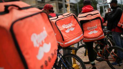 Delivery drivers for Colombian company Rappi; Bogota, August 2020.