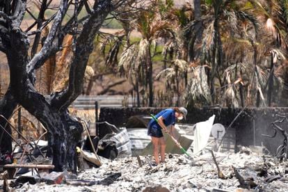A woman digs through rubble of a home destroyed by a wildfire on Friday, Aug. 11, 2023, in Lahaina, Hawaii. 