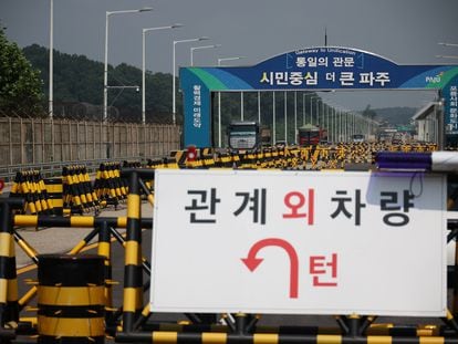 A traffic sign is seen on the Grand Unification Bridge which leads to the truce village Panmunjom, just south of the demilitarized zone separating the two Koreas, in Paju, July 19, 2023.