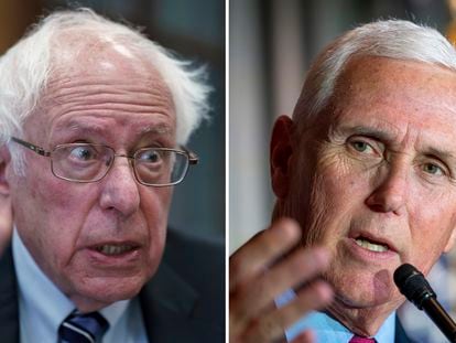 This combination of the photos shows Sen. Bernie Sanders, left, and former Vice President Mike Pence, right.