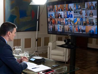 Pedro Sánchez speaks to Spain’s regional leaders on Sunday.