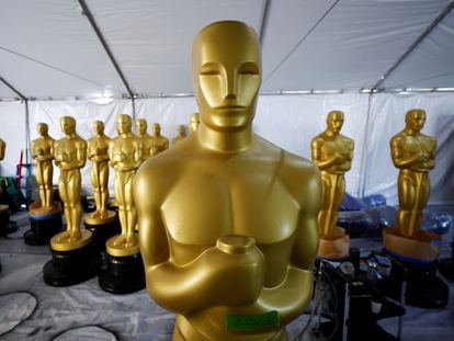 Oscar statues are seen before being placed out for display, as preparations continue for the 95th Academy Awards in Hollywood, Los Angeles, California, U.S., March 9, 2023.