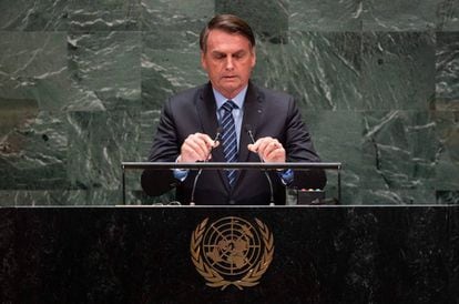 Jair Bolsonaro of Brazil addressing the UN General Assembly in New York on Tuesday.