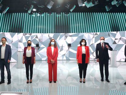 From left to right: Pablo Iglesias, Rocío Monasterio, Mónica García, Isabel Díaz-Ayuso, Ángel Gabilondo and Edmundo Bal during Wednesday's debate.