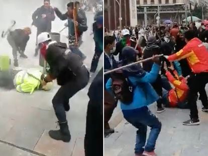 Demonstrators attacking police officers in downtown Bogotá on Wednesday.