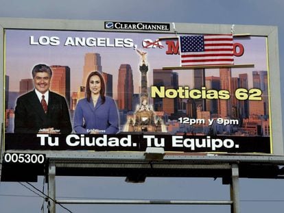 An American flag has been placed over the word “Mexico” on this billboard in the US.