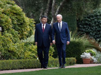 President Joe Biden and Chinese President Xi Jinping walk together after a meeting during the Asia-Pacific Economic Cooperation (APEC) Leaders' week in Woodside, California, on November 15, 2023.