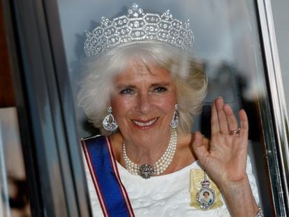 Camilla of Cornwall, during a state dinner at Buckingham Palace on July 12, 2017.