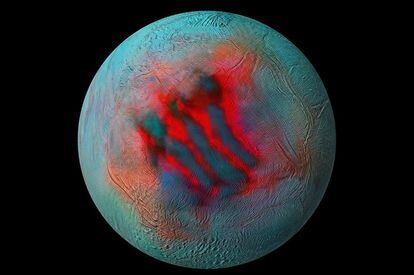 Infrared image of Enceladus with the "tiger stripes" marked in red, indicating more recent ice. 