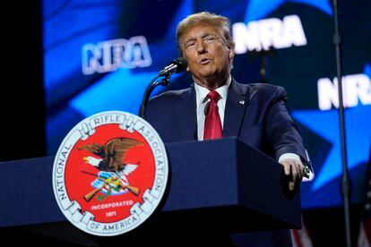 Republican presidential candidate former President Donald Trump speaks at the National Rifle Association's Presidential Forum in Harrisburg, Pa., Friday, Feb. 9, 2024.